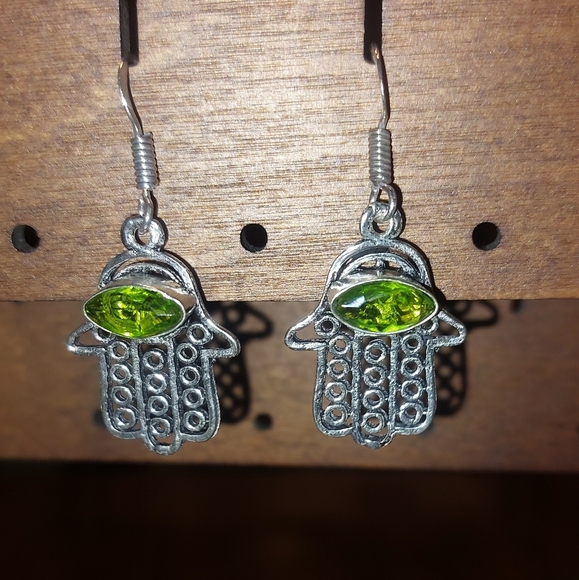 Green Peridot Hamsa Hand Drop Earrings π - Picture 2 of 5
